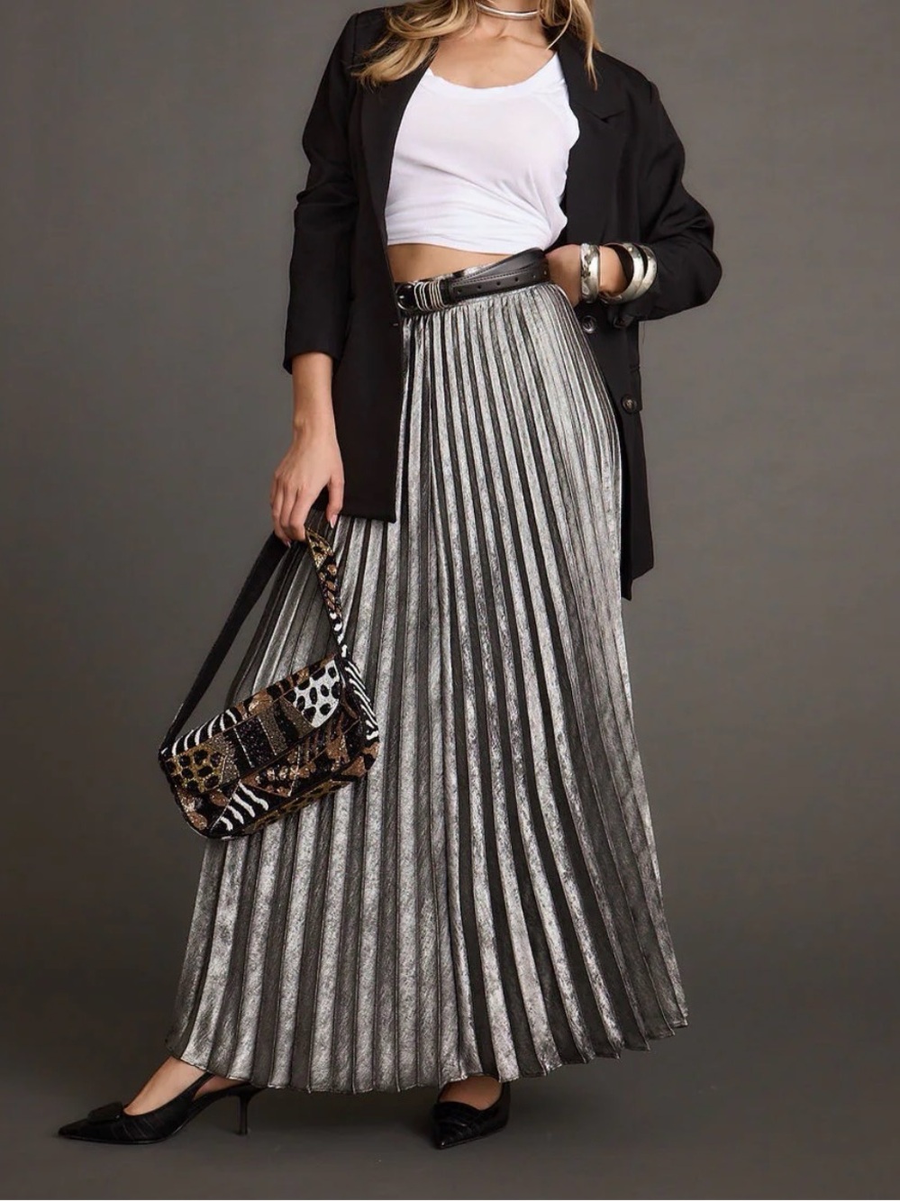 Lucy Paris Silver Metallic Pleated Maxi Skirt